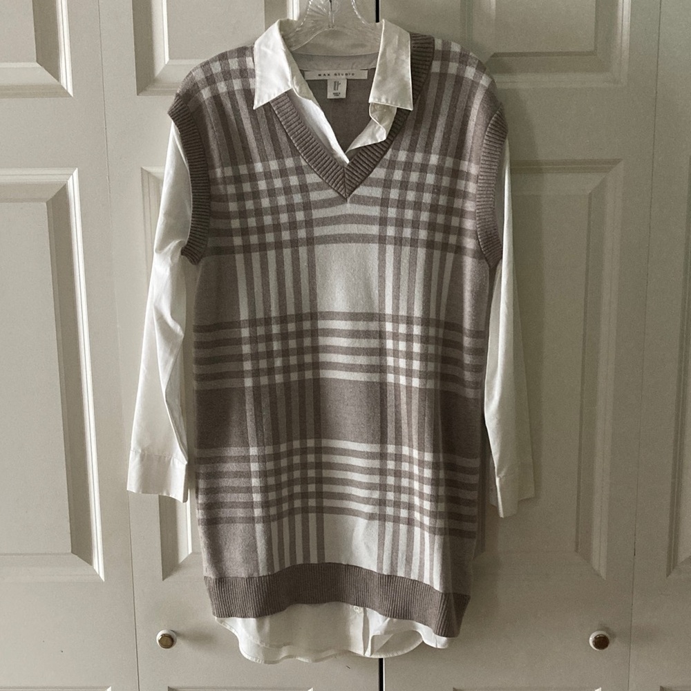 Max Studio womens small sweater dress plaid 2 layered look mini work casual wear